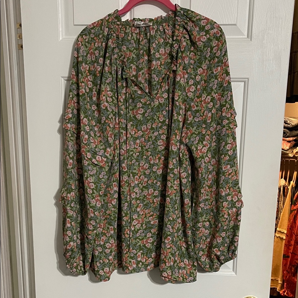 Floral Green Blouse with Ruffle Details